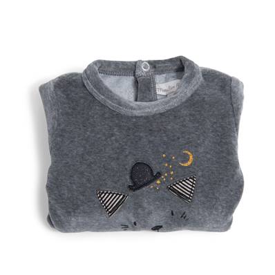MOULIN ROTY - Pyjama 6m velours gris chiné tête chat les moustaches